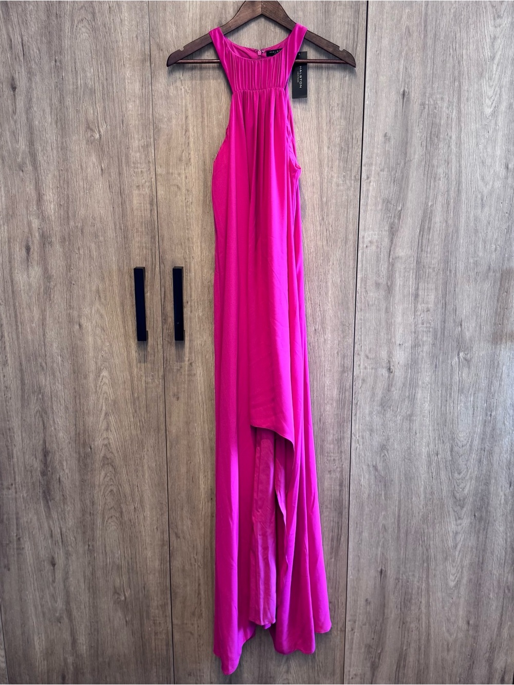 Halston Heritage Berry Flowy High Neck Tent High-Low Dress Sleeveless Elegant